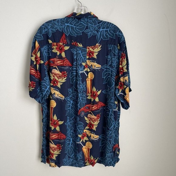 Vtg M.E. Sport Blue Hawaiian Short Sleeve Shirt Aloha Cars Cocktails - Picture 3 of 5